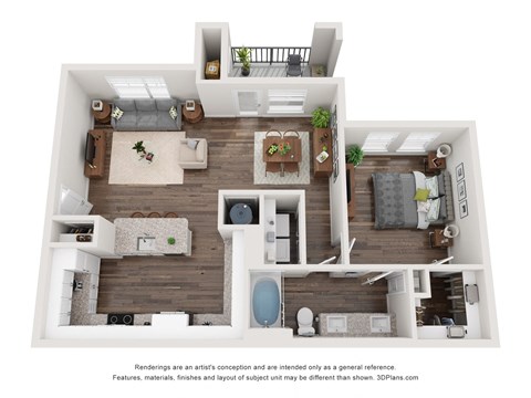 Floor plan for 1 bed, 1 bath, 893 sqft